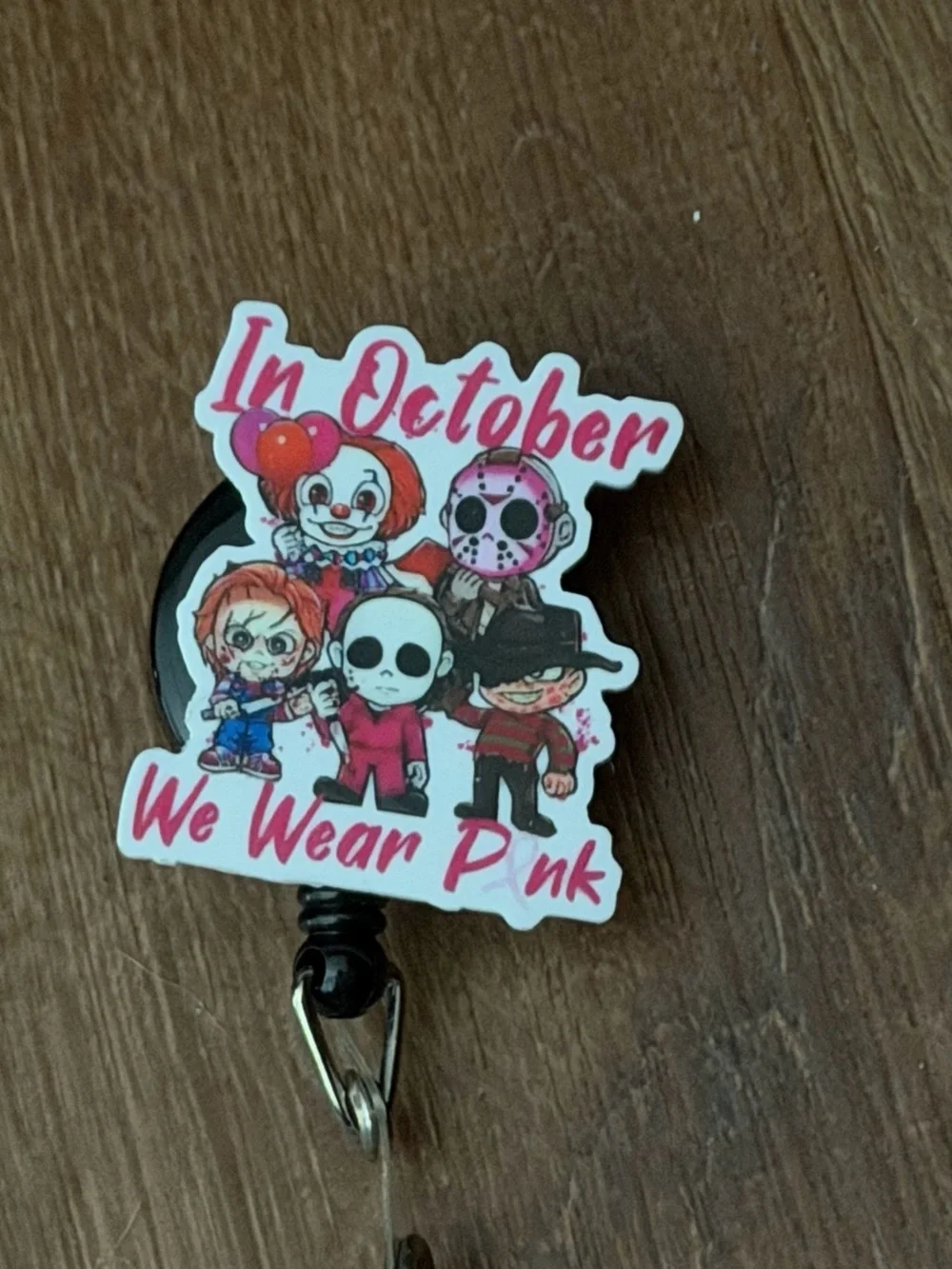Cute Horror Characters 'In October We Wear Pink' Badge Reel